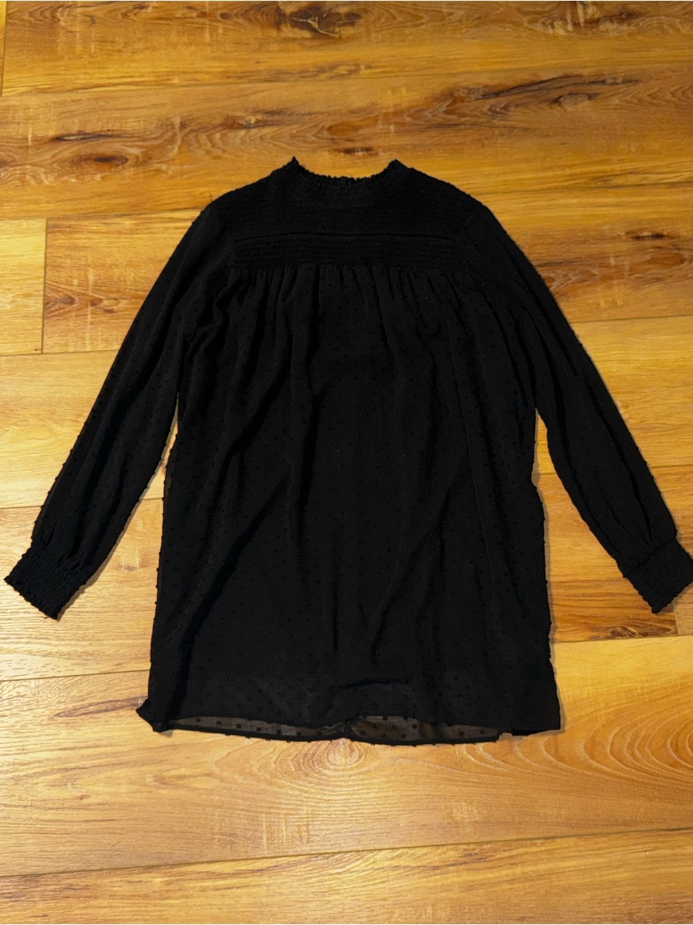 Zara Black Long-Sleeve Swiss Dot Smocked Yoke Blouse